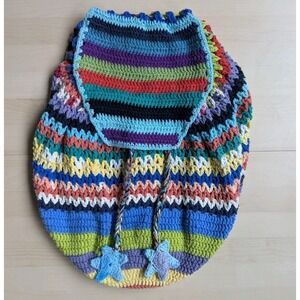 Handmade Multicolor Star Charm Striped Crochet Hobo Backpack Cotton Dopamine‎